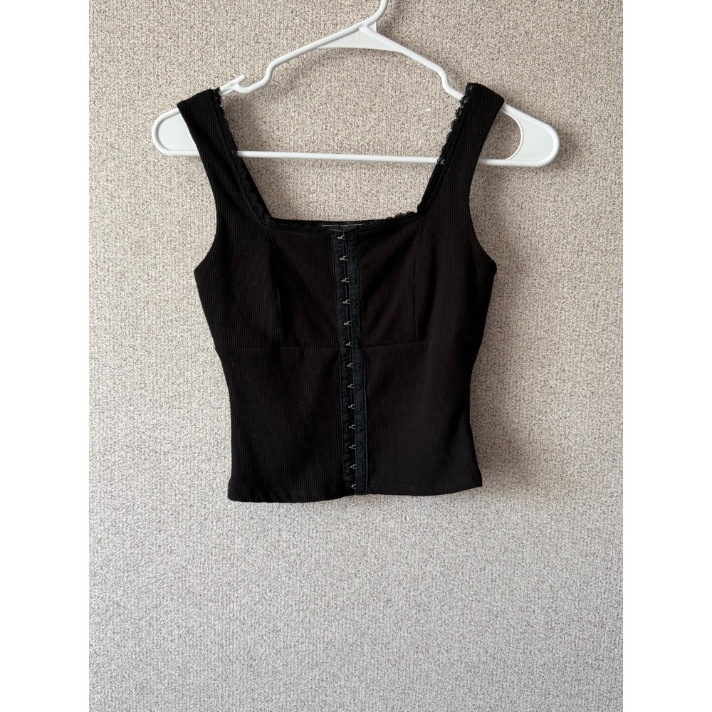 Vibe Sportswear Black Ribbed Corset Style Tank‎ Top Lace Trim Square Neck XS